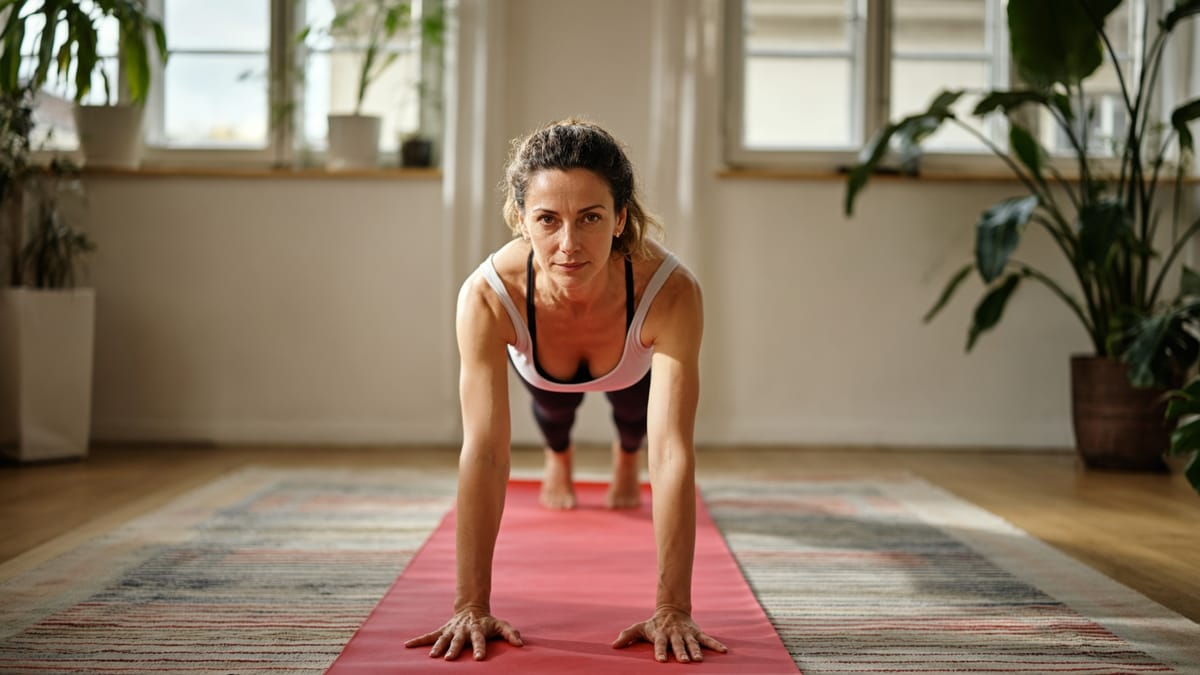 Femeie realizând exerciții blânde de mobilitate pe o saltea de yoga, într-un living luminos.
