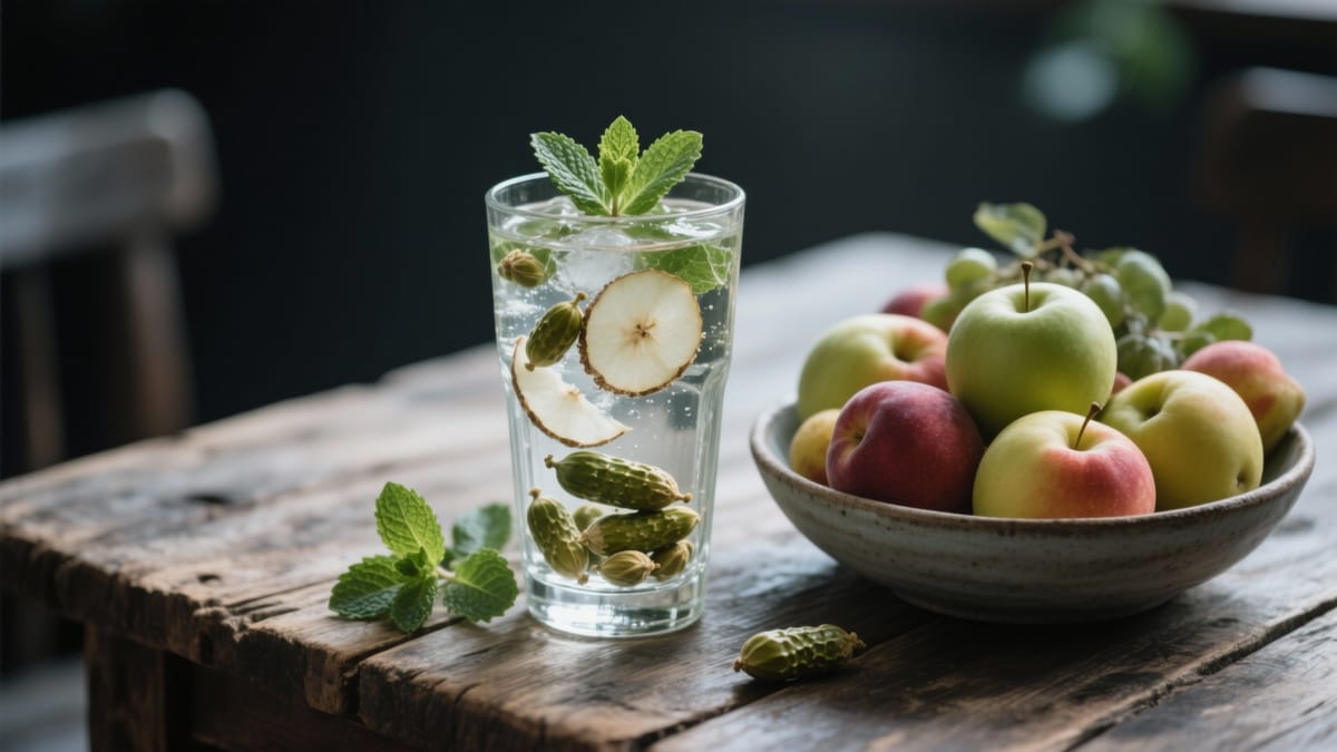 Un pahar mare cu apă infuzată cu felii de lămâie, castravete și frunze de mentă, așezat pe o masă de lemn rustică, lângă un bol plin cu fructe proaspete de sezon.