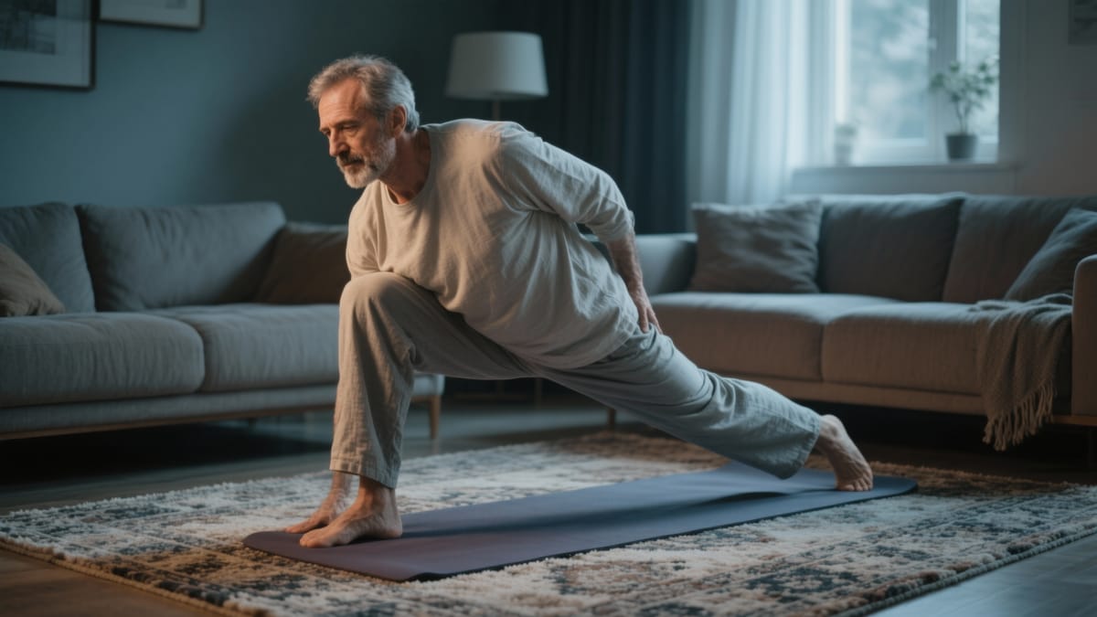 Un bărbat la vârsta mijlocie, îmbrăcat în haine lejere de casă, făcând întinderi ușoare pe un covoraș de yoga în sufragerie, într-o atmosferă calmă, cu lumină redusă.