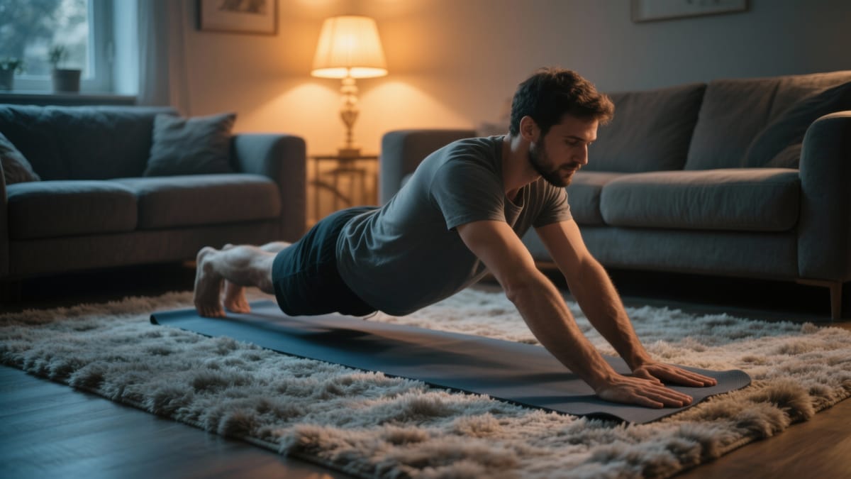 Un bărbat la vârsta a doua făcând exerciții ușoare de întindere pe un covor de yoga pufos în sufragerie, cu o lumină caldă de veioză în fundal și o atmosferă liniștită.