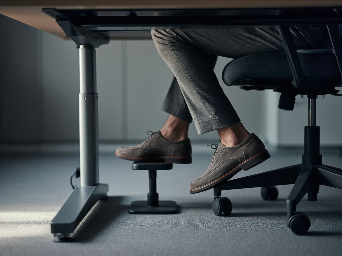 Picioarele unei persoane purtând pantofi casual-eleganți și pantaloni din stofă, sub un birou modern, cu o gleznă ușor ridicată și flectată pe un suport pentru picioare.