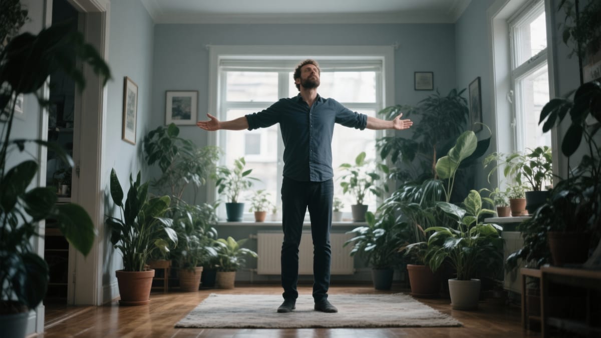 Un bărbat stând pe podeaua din sufragerie, făcând o întindere ușoară a brațelor spre tavan, înconjurat de plante de apartament și lumină naturală