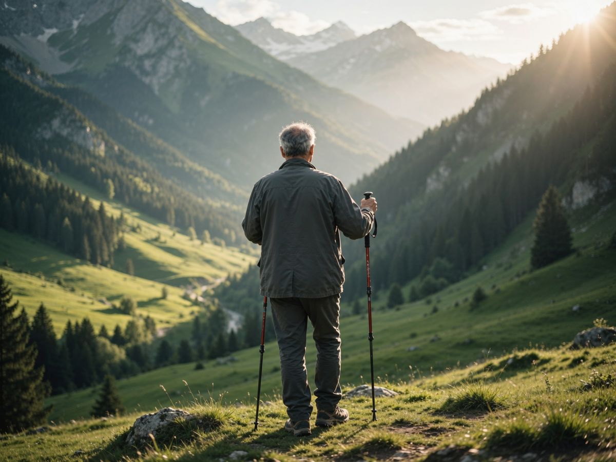 O persoană matură, privită din spate, sprijinindu-se pe bețe de trekking și privind spre o vale montană verde, luminată de soarele blând al dimineții.