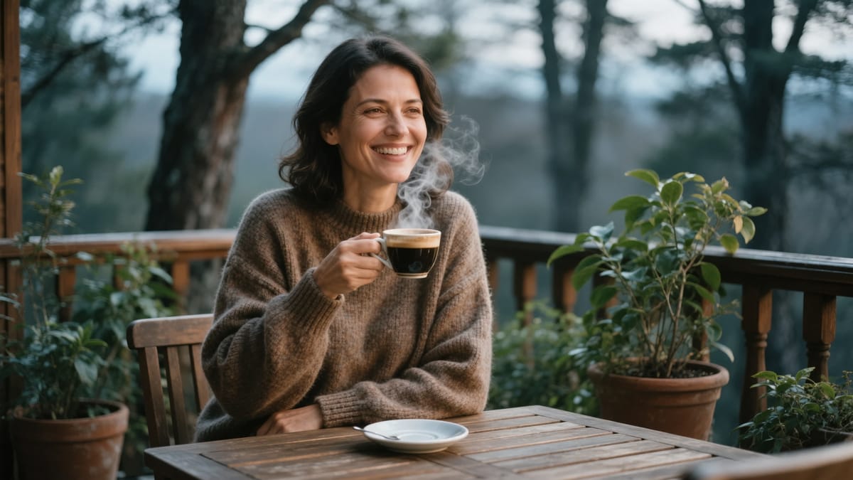O femeie zâmbind, îmbrăcată într-un pulover confortabil de toamnă, ținând o ceașcă de cafea aburindă pe o terasă din lemn însorită, cu plante verzi și copaci în fundal.
