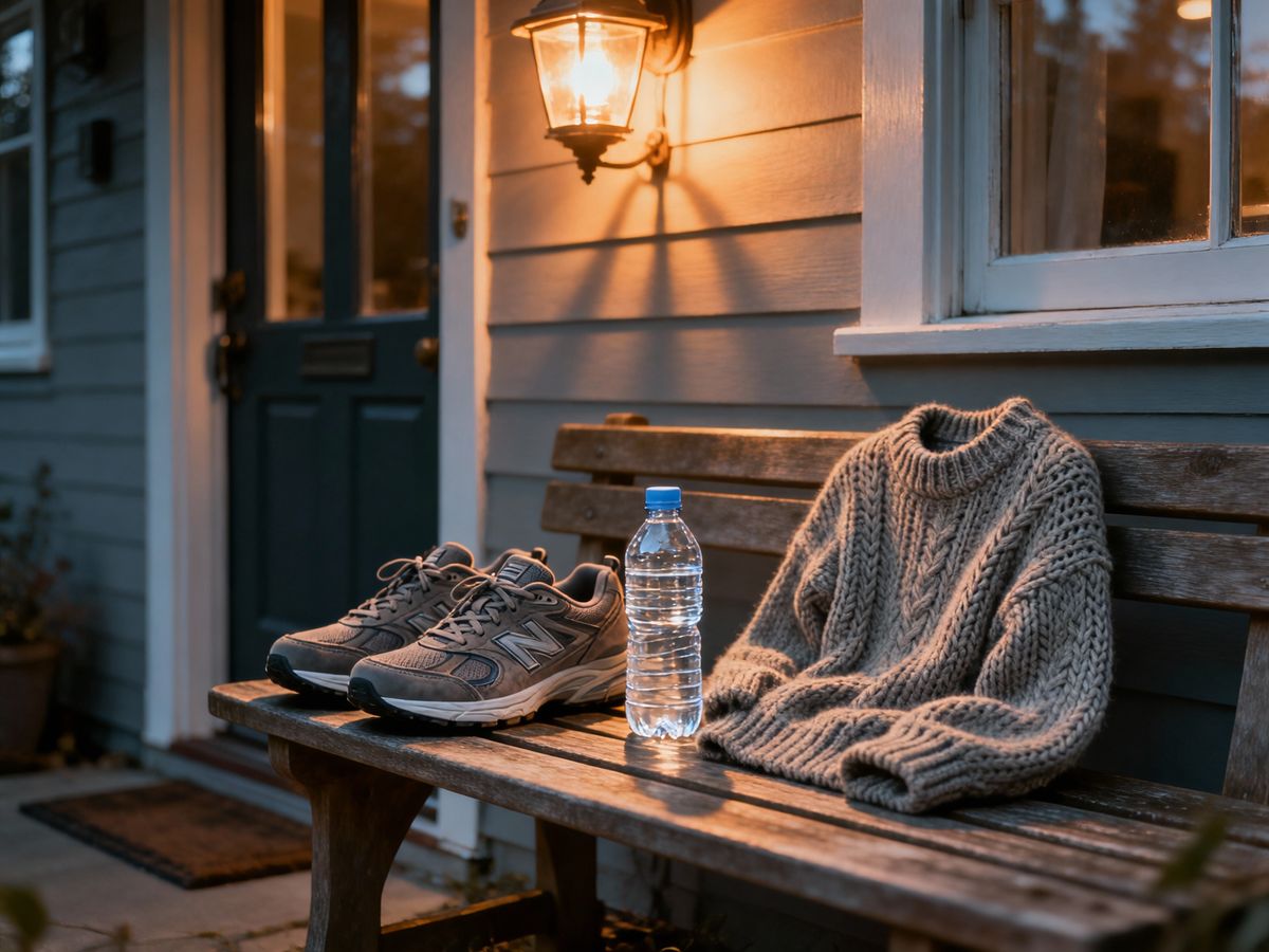 O pereche de pantofi sport confortabili, o sticlă de apă și un pulover tricotat așezate ordonat pe o bancă de lemn la intrarea într-o casă, luminate de lumina caldă a unui lampadar.