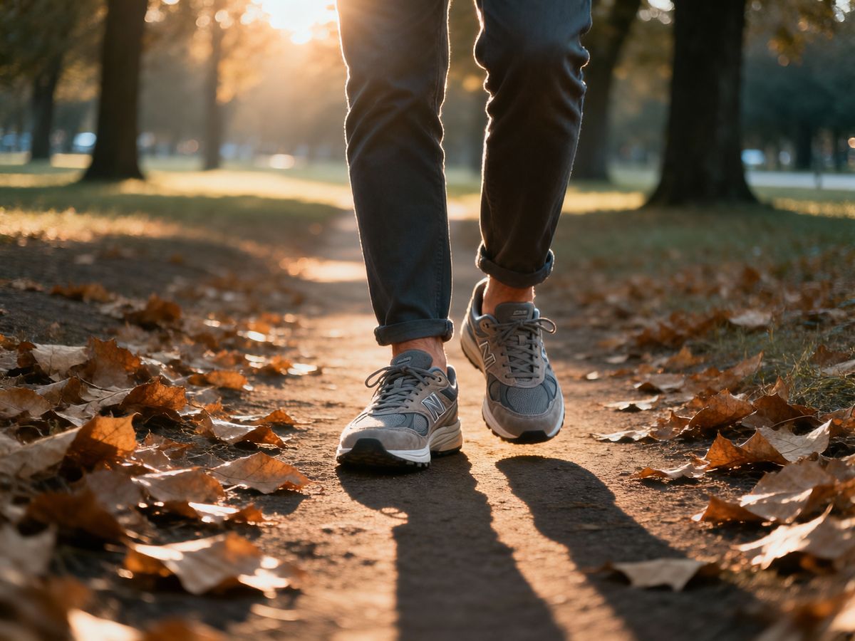 O pereche de pantofi sport confortabili, purtați de o persoană adultă, pășind pe o potecă de pământ acoperită parțial cu frunze uscate, într-un parc luminat de soarele cald al după-amiezii.