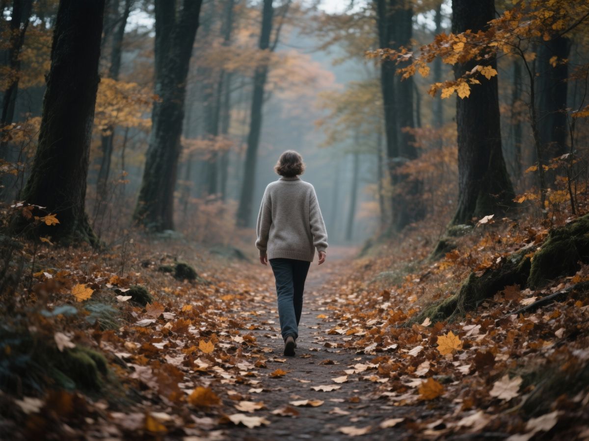 O persoană plimbându-se la pas lejer pe o potecă dintr-o pădure de toamnă, purtând haine confortabile, cu frunze uscate presărate pe pământ.
