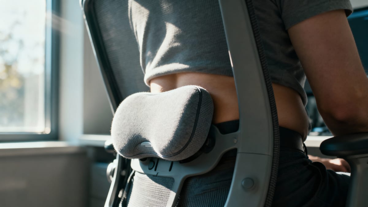 A close-up of a person's lower back supported by a small ergonomic cushion on an office chair, with natural sunlight streaming through a nearby window.