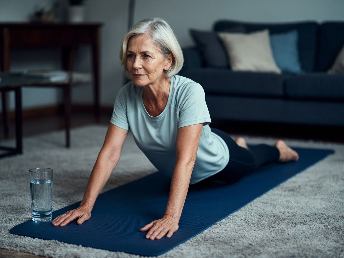 O femeie matură în haine sport lejere, făcând o întindere ușoară pe un covor de yoga în sufragerie, cu o sticlă de apă alături.