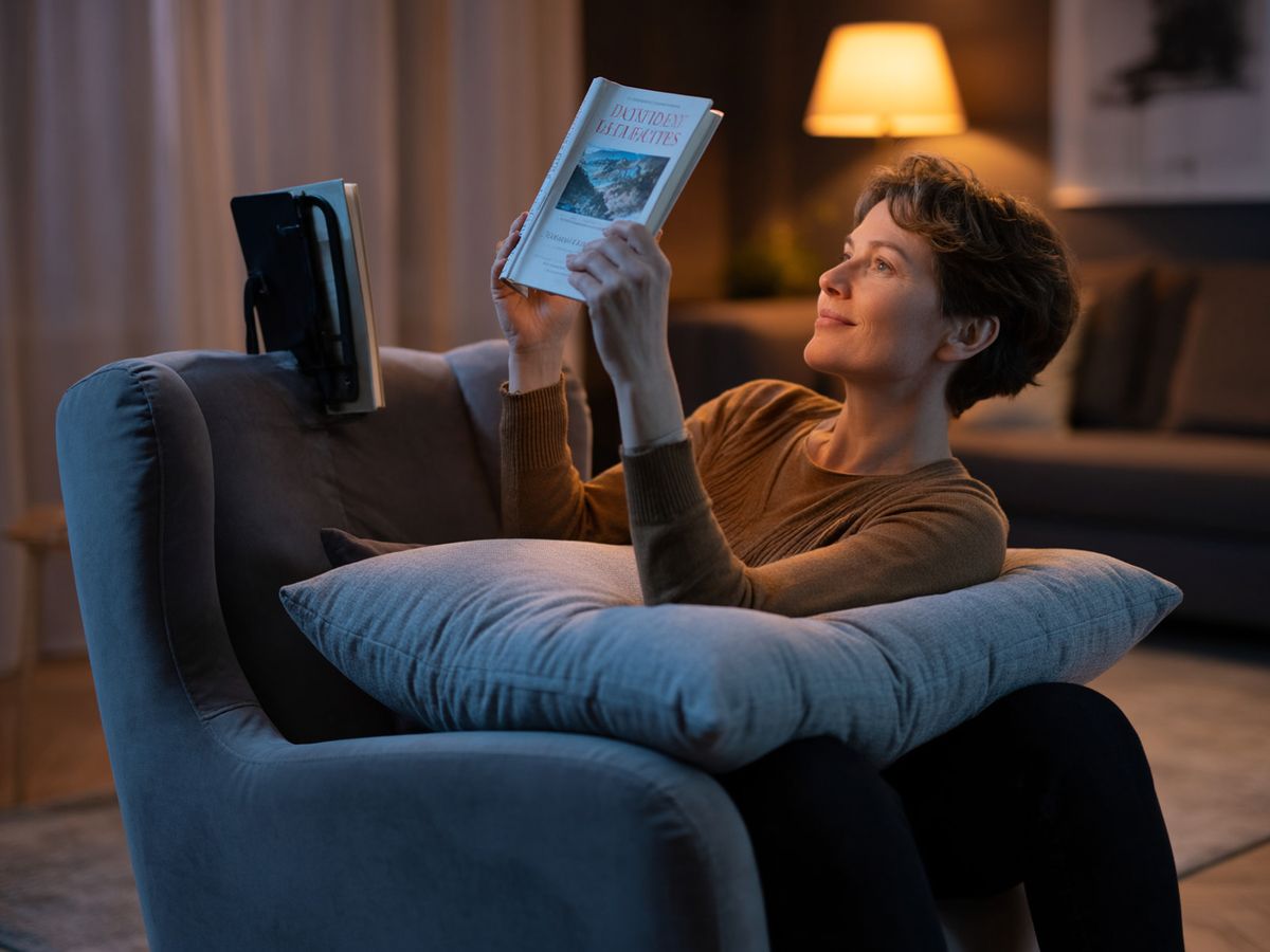 O persoană stând relaxată într-un fotoliu confortabil, ținând o carte ridicată la nivelul ochilor cu ajutorul unei perne de lectură așezate pe genunchi, într-o cameră cu lumină ambientală caldă.