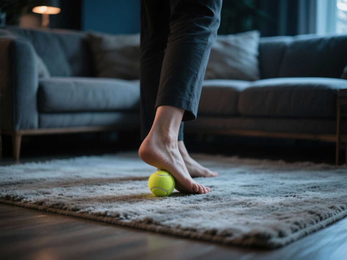 O persoană stând pe un covor confortabil în sufragerie, rulând o minge de tenis sub talpa piciorului, într-o atmosferă calmă de seară.