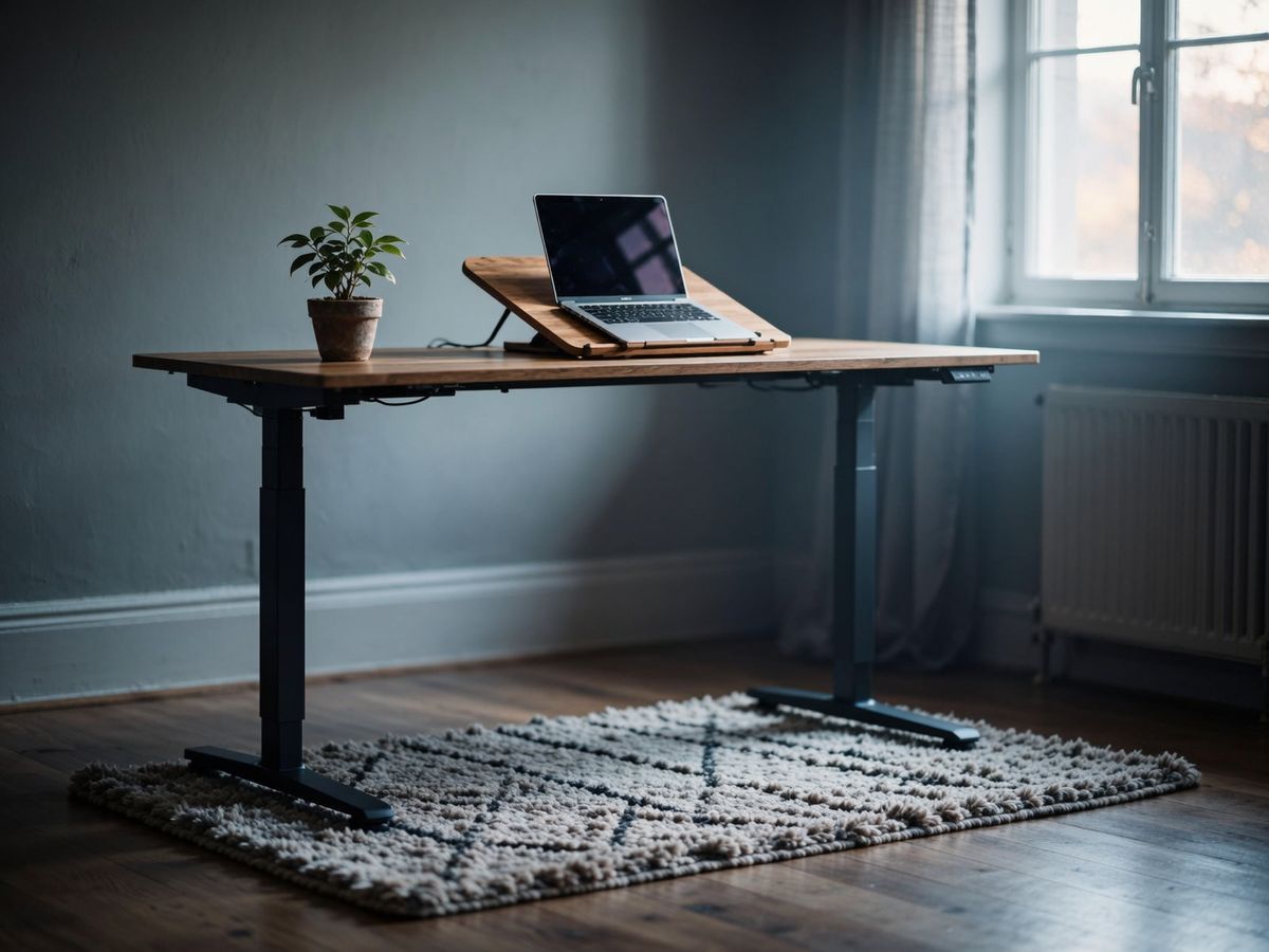 Un birou de lucru acasă, amenajat la înălțime, cu un laptop pe un suport de lemn, o plantă mică în ghiveci și un covoraș texturat anti-oboseală pe podea, în lumina dimineții.