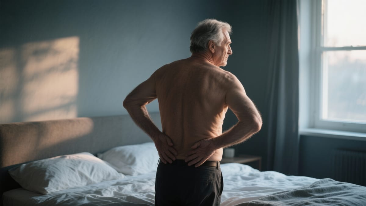 Un bărbat matur stând pe marginea patului în lumina dimineții, întinzându-și ușor spatele cu o expresie relaxată