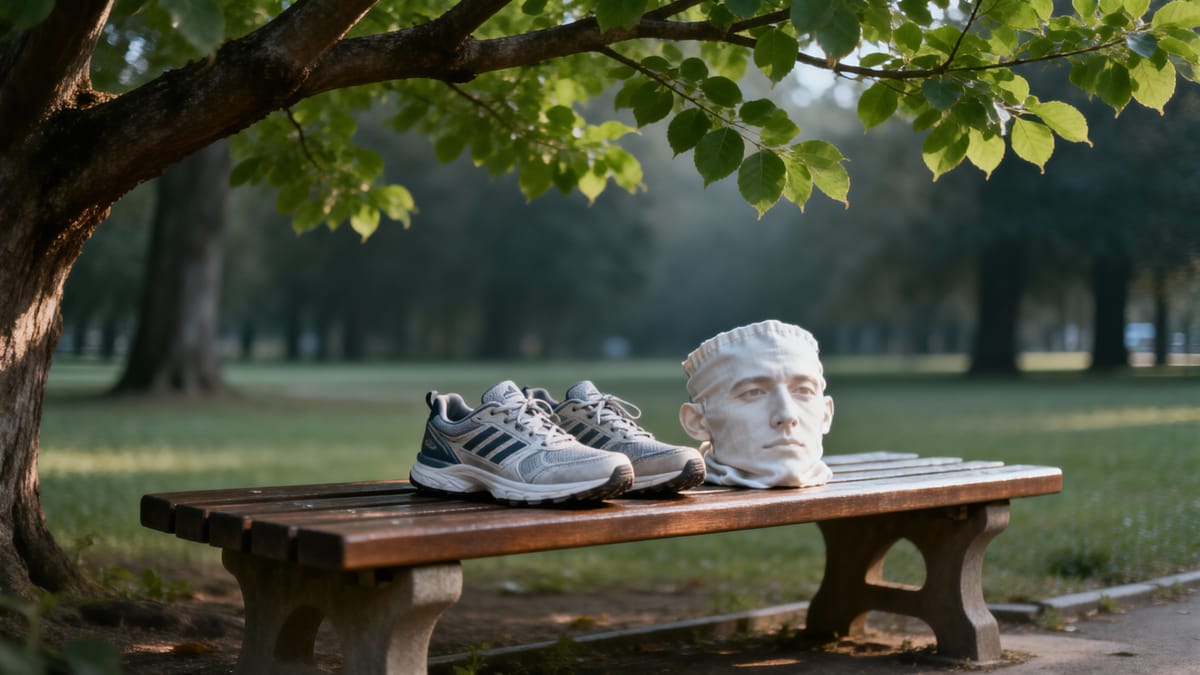 O pereche de pantofi sport curați și un prosop din bumbac așezate pe o bancă de lemn într-un parc însorit, sub un copac cu frunze verzi.