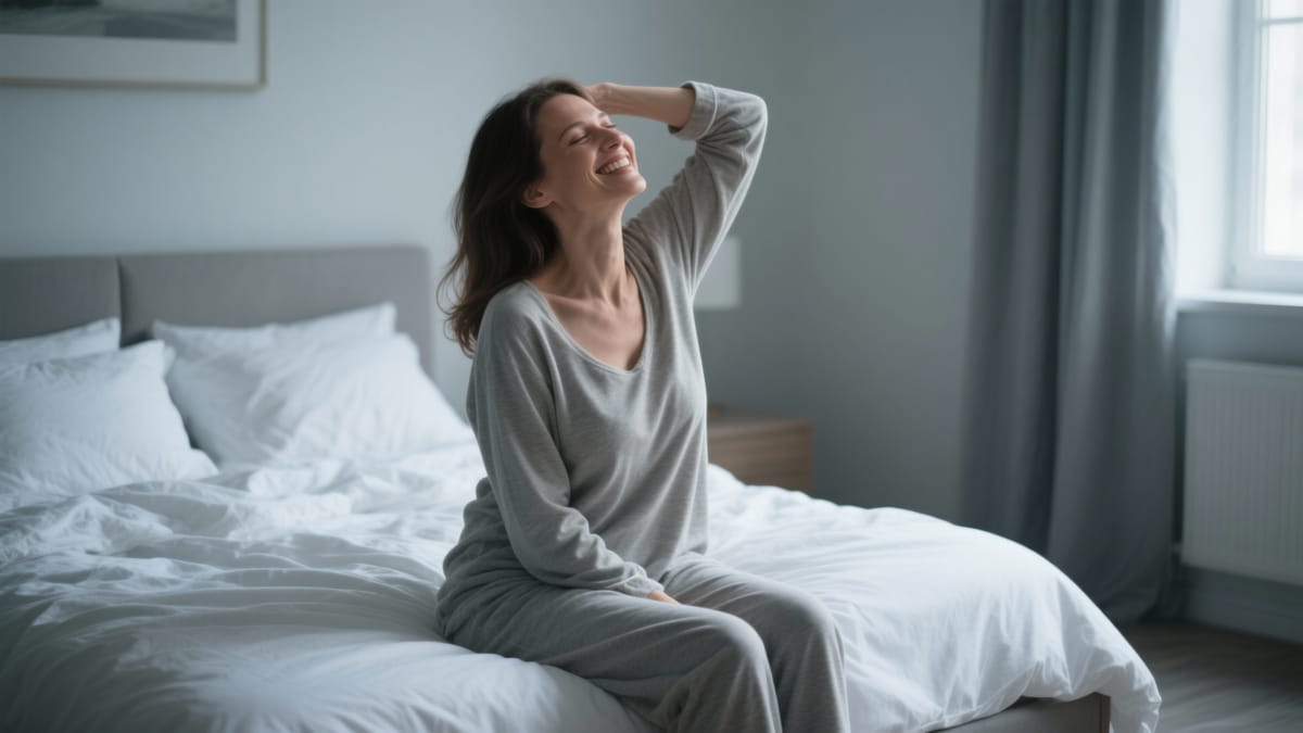 O femeie zâmbind, îmbrăcată în haine de casă confortabile, stând așezată pe marginea unui pat cu așternuturi albe, făcând o mișcare ușoară de întindere a gâtului spre umărul stâng, într-un dormitor luminos