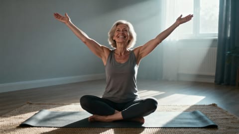 Femeie matură zâmbind pe un covor de yoga într-o cameră luminoasă, întinzând brațele spre tavan în lumina dimineții.