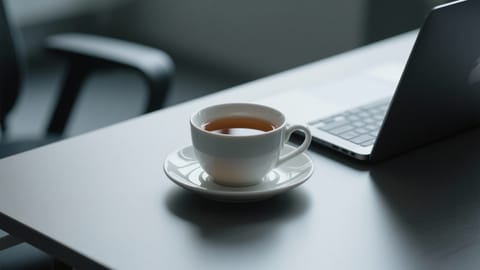 O ceașcă de ceai pe un birou minimalist lângă un laptop, simbolizând o pauză scurtă pentru reajustarea posturii.