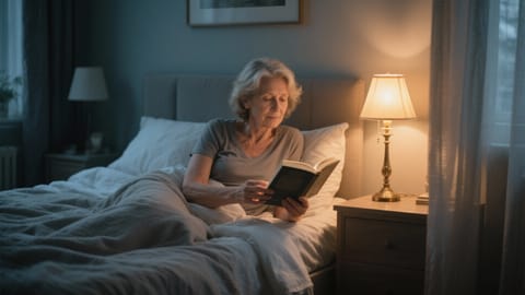 Femeie matură relaxată pe marginea patului citind o carte la lumina caldă a unei veioze într-un dormitor liniștit.