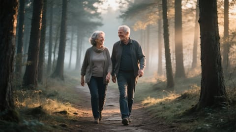Un cuplu de vârstă mijlocie zâmbind și plimbându-se relaxat pe o potecă de pădure în lumina caldă a dimineții.