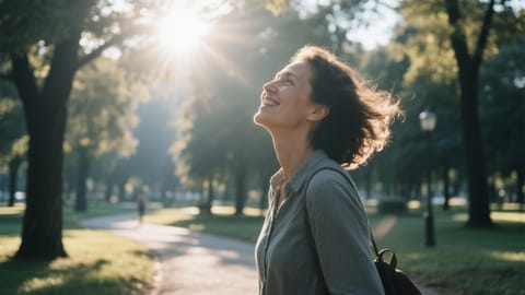 O persoană care se bucură de lumina soarelui și aer curat în timpul unei plimbări relaxante prin parc.