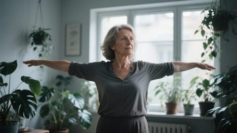 O femeie la 50 de ani făcând o întindere ușoară a brațelor într-o sufragerie luminoasă cu plante