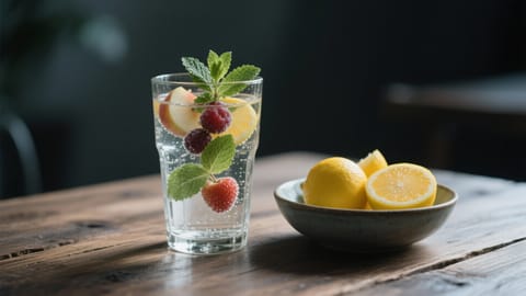 Un pahar cu apă proaspătă infuzată cu fructe și mentă lângă un bol cu citrice pe o masă de lemn.