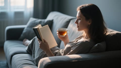 Femeie relaxată pe canapea citind o carte cu o ceașcă de ceai în lumina dimineții.