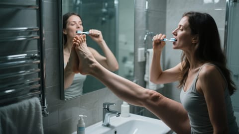O femeie practică exerciții de echilibru într-un picior în timp ce se spală pe dinți în fața oglinzii din baie.