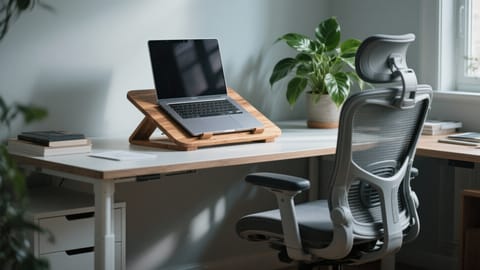 Un birou luminos de acasă, ordonat, cu un scaun ergonomic confortabil, un laptop ridicat pe un suport de lemn la nivelul ochilor și o plantă verde.