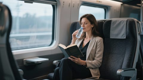 Femeie elegantă stând confortabil într-un tren modern, citind o carte și hidratându-se, simbolizând relaxarea și starea de bine în timpul călătoriei.