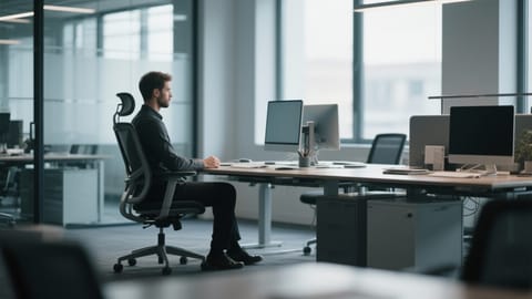 O persoana asezata corect la un birou ergonomic intr-un spatiu de lucru luminos si modern