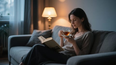 Femeie relaxată citind o carte pe canapea la lumina caldă a unei veioze, savurând un ceai într-un ambient liniștit.
