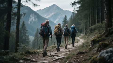 Grup de adulți cu rucsacuri și bețe de trekking mergând pe o potecă însorită de munte prin pădure